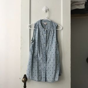 Sleeveless Polka Dot Chambray Button Up